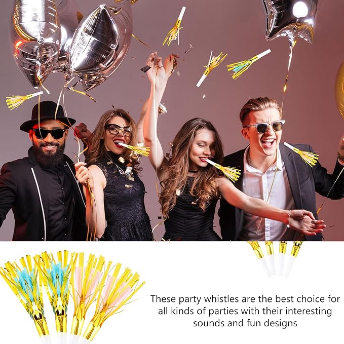 36 Pieces Glitter Metallic Fringed Noisemakers Musical Party Blowers Blowouts Whistle Party Blow Horns for New Years Birthday Party Supplies Sporting Event Celebrations (Pink, Blue)