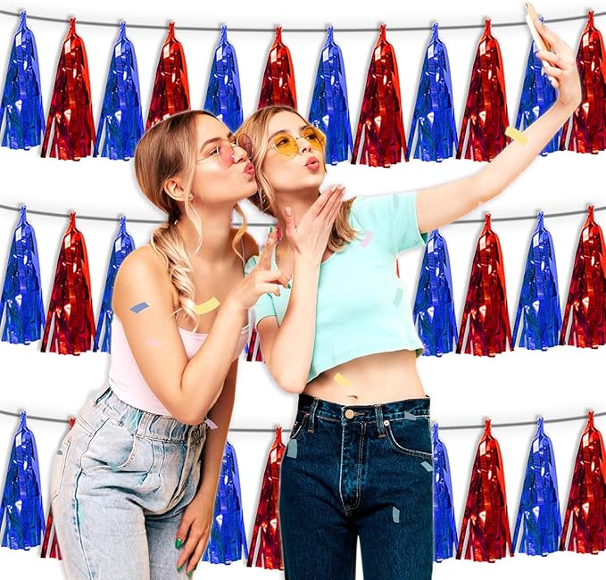3P Blue Red Metallic Fringe Tassel Banner Garland Foil Tinsel Streamer Wall Curtain Backdrop for Parade Floats, Graduation, Independence Day, 4th of July, Patriotic Themed Party Decoration