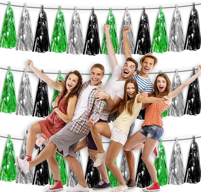 3P Black Silver Green Metallic Fringe Tassel Banner Garland Foil Tinsel Streamer Wall Hanging Curtain Backdrop Banner for Parade Floats, Graduation Decorations, Halloween, Christmas Decorations