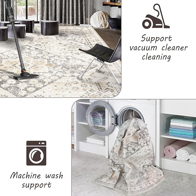 Area Rug 5x7, Washable Vintage Rug Traditional Mat, Distressed Indoor Foldable Thin Retro Accent Rug, Non Slip Carpet Living Room Dining Room Office(Beige Cream, 5x7)