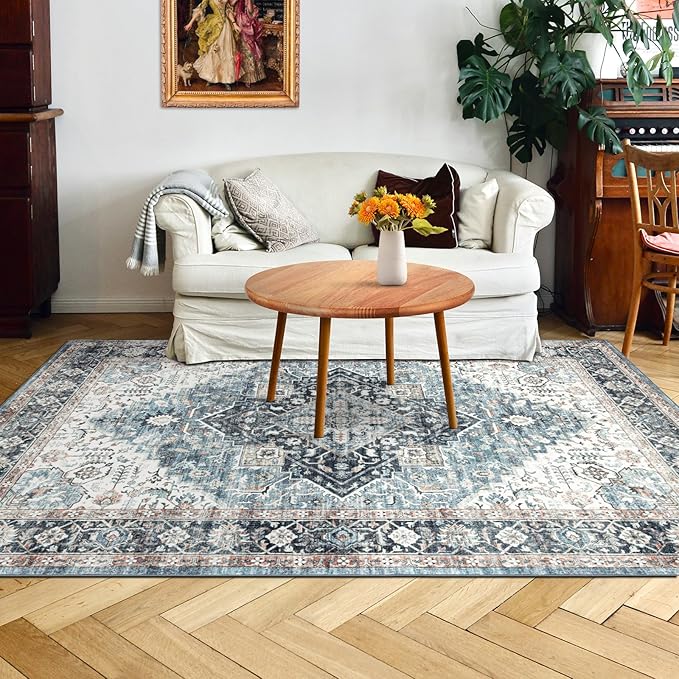 Area Rug 3×5, Vintage Boho Rug,Ultra-Soft Low Pile, Washable, Non Slip,Stain Resistant Printed Carpet for Living Room Bedrooms Playroom Office Kitchen, Blue/Navy