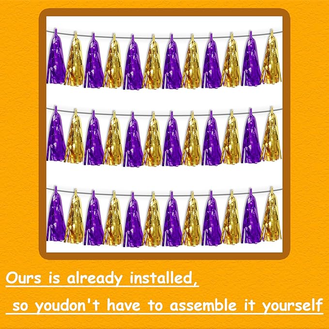3P Purple Gold Metallic Fringe Tassel Banner Garland Foil Tinsel Streamer Wall Hanging Curtain Backdrop Banner for Parade Floats, Graduation Decorations, Halloween, Christmas Decorations