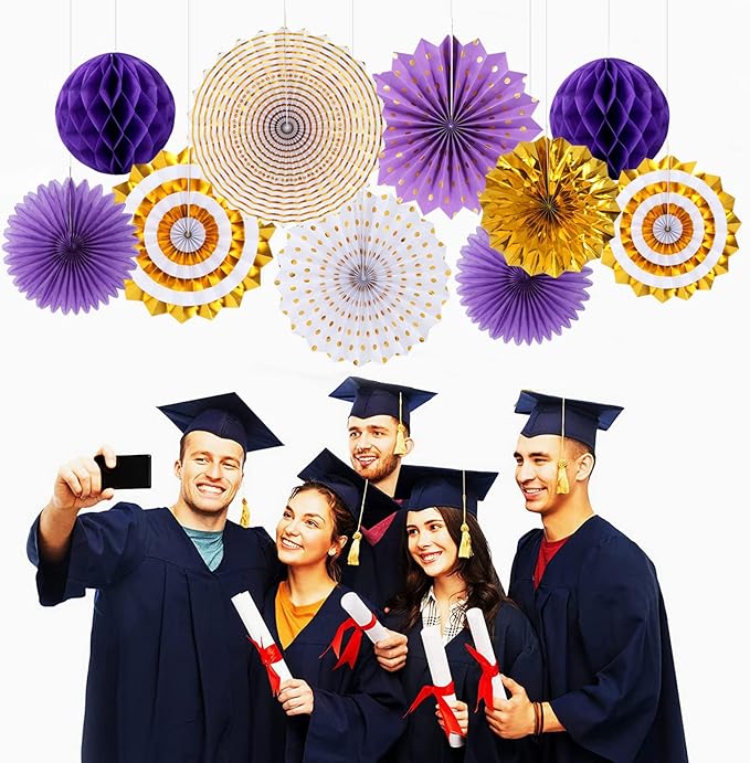 Purple-Gold Graduation Party-Decoration - 33pcs Kits Banner, Streamers Tassel Garland,Tissue Pom Poms Honeycomb, Paper Lantern Fans,Wedding Girl Birthday Baby Bridal Shower Decor Hugtmr