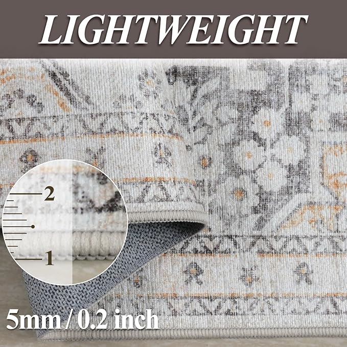 Area Rug 5x7, Washable Vintage Rug Traditional Mat, Distressed Indoor Foldable Thin Retro Accent Rug, Non Slip Carpet Living Room Dining Room Office(Beige Cream, 5x7)