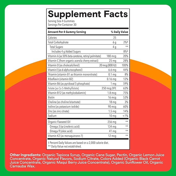 SmartyPants Organic Kids Multivitamin Gummies: Omega 3 (ALA), Vitamin D3, C, Vitamin B12, B6, A, K & Zinc for Immune Support, Biotin, Vegetarian, Three Fruit Flavors, 120 Count (30 Day Supply)