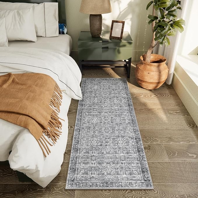 2'x6' Washable Runner Rug Utral Soft Lightweight Vintage Boho Distressed Non-Slip Backing,Low Pile Stain Resistant Farmhouse Rug for High-Traffic Hallway, Kitchen & Laundry