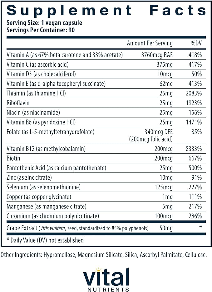 Vital Nutrients Minimal and Essential Multivitamin | Vegetarian One per Day Multi Vitamin, Mineral, & Antioxidant Supplement* | Iron-Free | Gluten, Dairy, Soy Free | Non-GMO | 90 Capsules