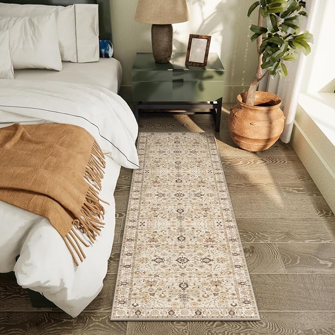 2'x6' Washable Runner Rug Utral Soft Lightweight Vintage Boho Distressed Non-Slip Backing,Low Pile Stain Resistant Farmhouse Rug for High-Traffic Hallway, Kitchen & Laundry