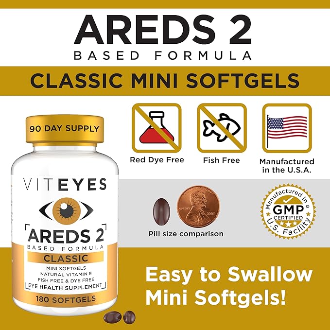 Viteyes AREDS 2 Classic Macular Health Formula Softgels, Eye Health Vitamin to Support Macular Health, Lower Zinc, Eye Vitamins, Macular Vitamins, Beta-Carotene Free, 180 Softgels