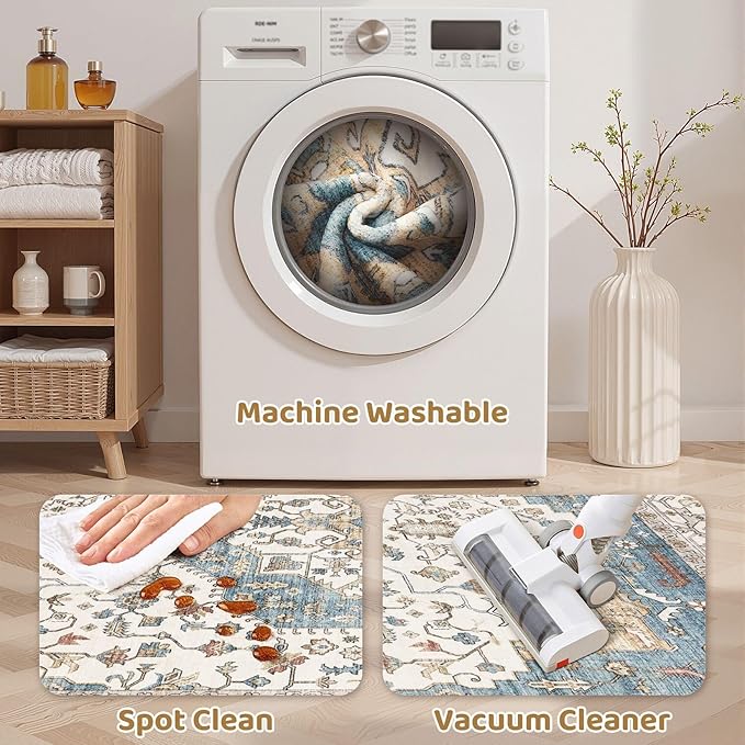 Area Rug for Living Room - 5x5 Soft Washable Oriental Vintage Floral Distressed Large Carpet - Fade Stain Resistant Non Slip Rugs for Bedroom Dining Room Nursery Dorm Office Home Decor - Blue/Beige