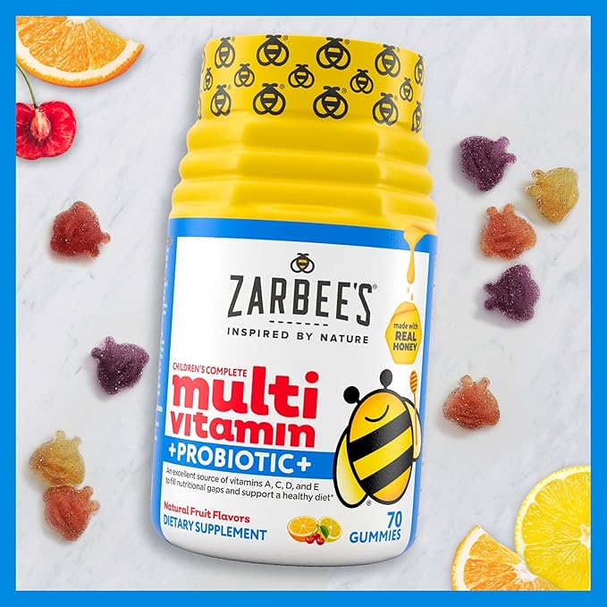 Zarbee's Kid's Complete Daily Multivitamin + Probiotic Gummies with Vitamins A B C D E & zinc for Digestive Health Easy To Chew, Natural Fruit 70 Count