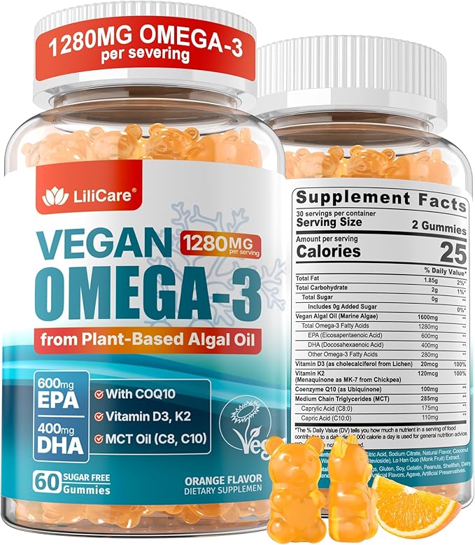 Vegan Omega-3 Gummies 1280mg + COQ10 + Vitamin D3 K2 (MK7), Omega 3 Fish Oil Alternative for Adults w/EPA 600mg DHA 400mg & MCT Oil, No Fish Taste from Marine Algae, for Brain, Eye, Immunity, 1 Pack