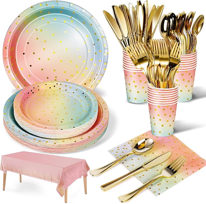 141 Pieces Rainbow Gold Party Supplies, Party Dinnerware Sets Include Paper Plates Napkins Cups Silverware, for Wedding Bridal Shower Engagement Birthday Parties Decoration -20 Serves