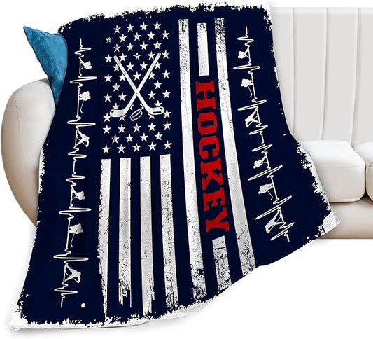 Hockey Blanket, Navy Blue American Flag Throw Blanket Hockey Gifts for Men Women Boys Girls Lover Adult Cozy Fleece Flannel Bedding Stuff Plush for Couch Sofa Bed Decor 80"X60"