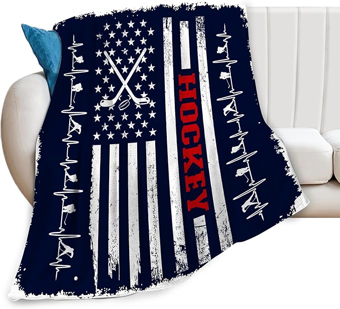Hockey Blanket, Navy Blue American Flag Throw Blanket Hockey Gifts for Men Women Boys Girls Lover Adult Cozy Fleece Flannel Bedding Stuff Plush for Couch Sofa Bed Decor 60"X50"