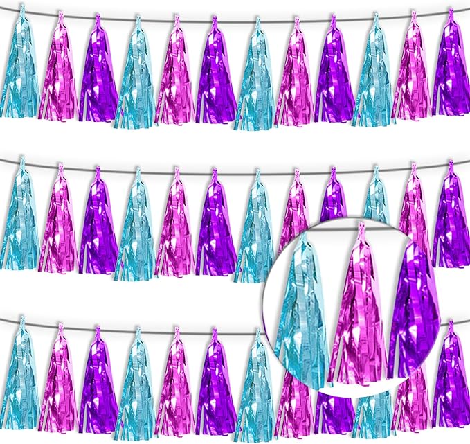 3P Lake Blue Purple-Hot Pink Metallic Fringe Tassel Banner Garland Foil Tinsel Streamer Wall Hanging Curtain Backdrop Banner for Parade Floats,Graduation Decorations, Wedding Party Decoration