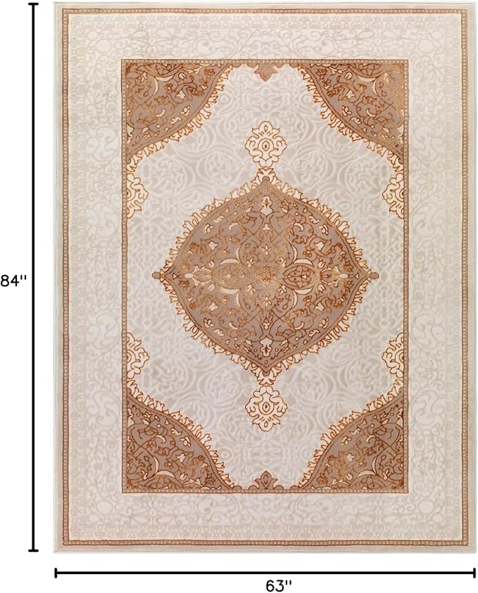Antep Rugs Babil Gold 5x7 Oriental Bordered High Low Textured Traditional Indoor Area Rug, Beige Gold, 5'3" x 7'