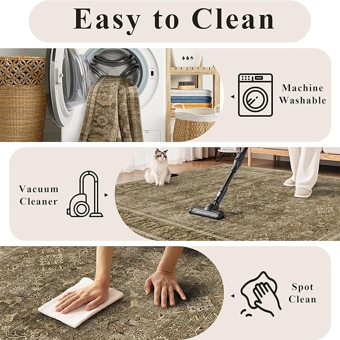 2.6x8 Runner Rug for Hallways Vintage Distressed Non Slip Long Carpet Floral Boho Distress Print Pattern Mat Lightweight Retro Accent Throw Carpet for Kitchen Bedroom Bedside Laundry Room-Brown ﻿