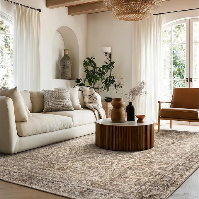Washable Area Rugs 5'x7' Non-Slip Vintage Boho Distressed Fade Resistant Low Pile Carpet for High-Traffic Living Room, Bedroom & Dining Room