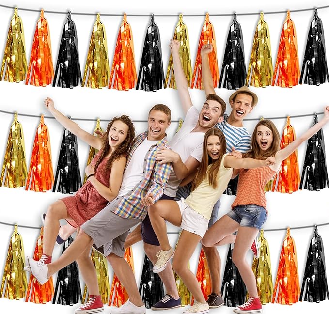 3P Orange Gold Black Metallic Fringe Tassel Banner Garland Foil Tinsel Streamer Wall Hanging Curtain Backdrop Banner for Parade Floats, Graduation Decorations, Halloween, Christmas Decorations