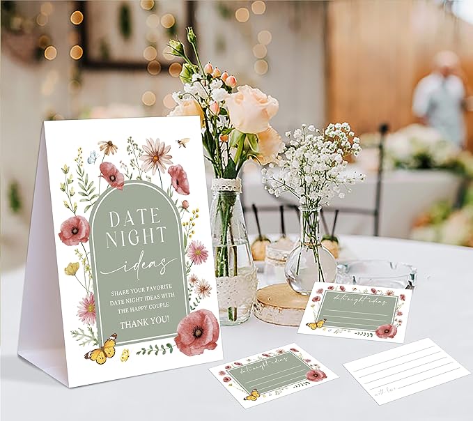 Sage Green Floral Themed Share Your Date Night Ideas Game, 1 Tabletop Sign and 50 Cards, Bridal Shower Games 50 Guests, Wedding Shower Games for Bachelorette Night Wedding Event & Party Supplies