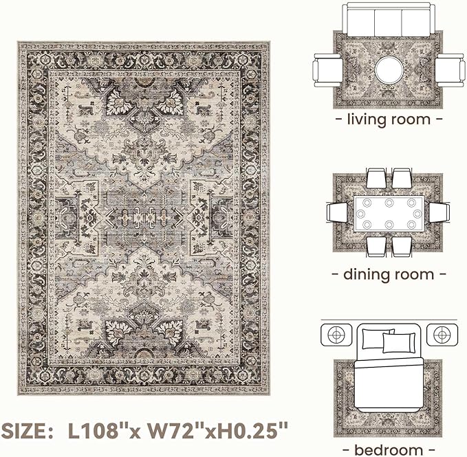 Area Rug for Living Room - 6x9 Soft Machine Washable Oriental Vintage Floral Distressed Large Indoor Floor Carpet for Bedroom Under Dining Table Home Office Decor - Brown