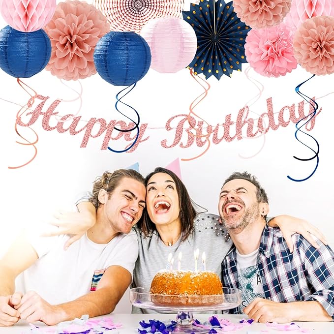 Pink Rose-Gold Navy-Blue Birthday Party-decorations - 21pcs Women Girl Happy Banner Garland, Paper Streamers Lanterns,Flower Tissue Pom Poms Fan Supplies, Princess Wall Backdrop Decor Huglony