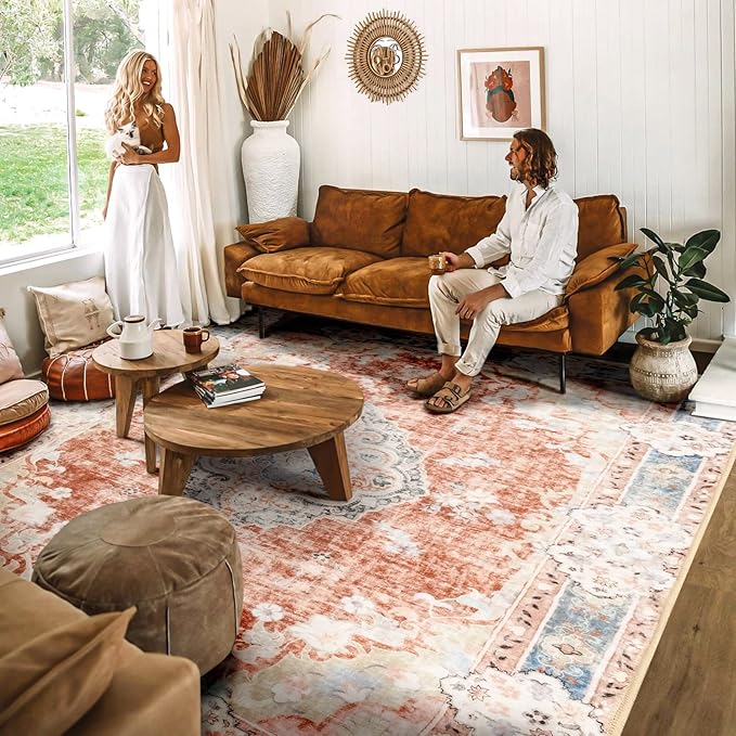 MUJOO 8'x10' Area Rugs for Living Room Large Washable Rug Boho Carpet 8'x10' for Bedroom Non Slip Abstract Soft Low-Pile Orange Navy Blue Floral