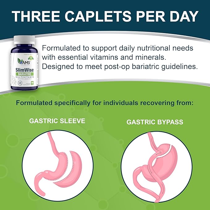 America Medic & Science SlimWise Bariatric Multivitamin – 180 Caplets | 2-Month Supply | Post Gastric Bypass & Sleeve Support | Iron, B12, Vitamin D3, Folate | Easy-to-Swallow Bariatric Vitamins