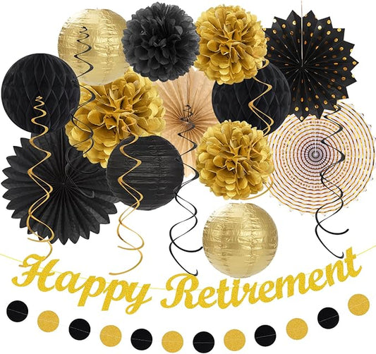 Black Gold Women-Men Happy-Retirement Party-Decorations - 21pcs Celebration Banner,Paper Streamers Lanterns Honeycomb,Tissue Flowers Pom Poms Fan, Classroom Backdrop Supplies Garland Decor Huglony