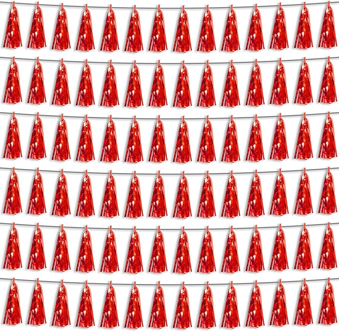 6P Red Foil Fringe Metallic Tassel Streamers Banner Tassel Garland for Parade Floats, Bachelorette, Wedding, Birthday, Graduation, Christmas, Bridal/Baby Shower Party Decorations