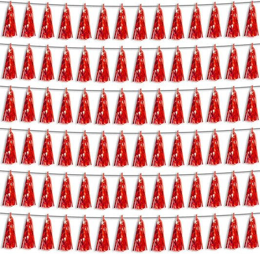 6P Red Foil Fringe Metallic Tassel Streamers Banner Tassel Garland for Parade Floats, Bachelorette, Wedding, Birthday, Graduation, Christmas, Bridal/Baby Shower Party Decorations