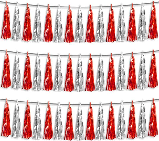 3P Red Silver Foil Fringe Metallic Tassel Streamers Banner Tassel Garland for Parade Floats, Bachelorette, Wedding, Birthday, Halloween, Christmas, Bridal/Baby Shower Party Decorations