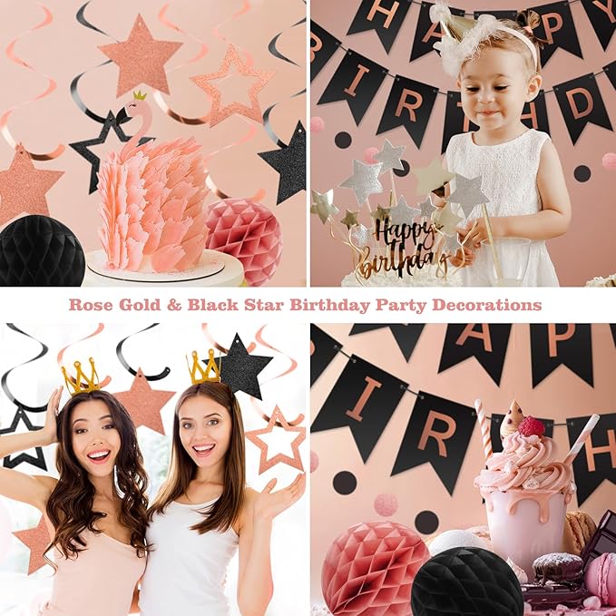 meowtastic Birthday Decorations, Happy Birthday Banner with Honeycomb Ball, Star Hanging Swirl Streamer, Circle Dot Garland, Happy Birthday Party Decoration for Women Men Boy Girl (Rose Gold & Black)