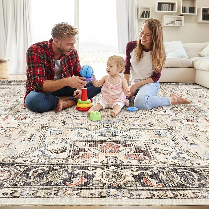 Area Rug 5x7 for Living Room - Washable Oriental Vintage Floral Distressed Large Indoor Carpets with Non Slip Back for Bedroom Dining Room Nursery Office Home Decor -Multi