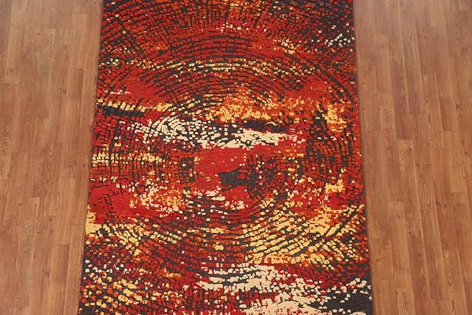 Rug Source Modern Collection, 5x7 Abstract Rug, Hand Knotted Red Abstract Rug, Oriental 100% Wool Carpet for Foyer, Entryway and Hallway