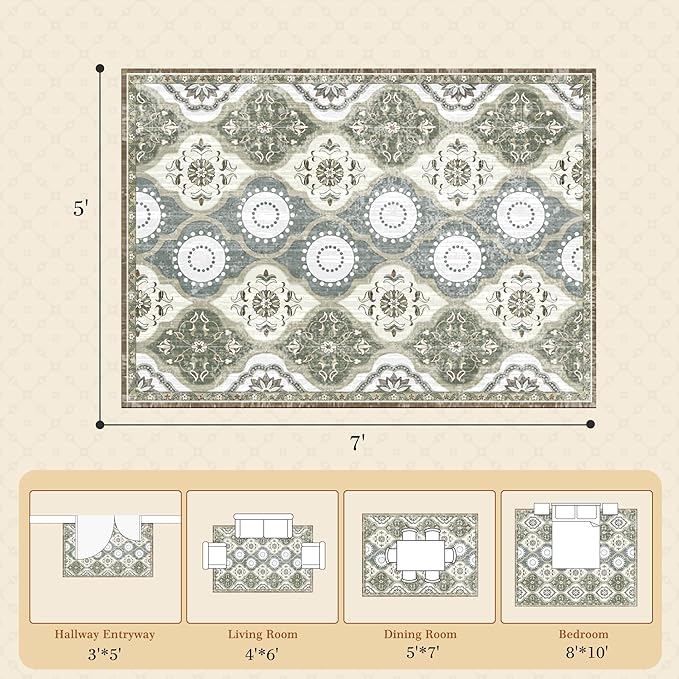 EnHomee Area Rugs 5x7, Soft Washable Rugs for Living Room Bedroom, Boho Non Slip Low Pile Stain Resistant Washable Rug Large Carpet for Dining Room,Easy to Clean Living Room Rug, Green