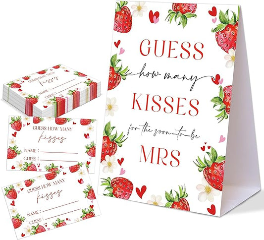 Strawberry Themed How Many Kisses for the Soon to Be Mrs, 1 Tabletop Sign and 50 Cards, How Many Kisses Bridal Shower Game for Bachelorette Night Wedding Event & Party Supplies