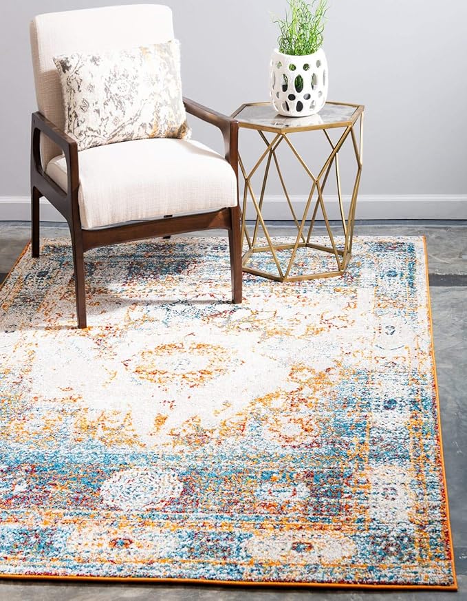 Unique Loom Rosso Collection Traditional, Vintage, Medallion, Border, Distressed, Southwestern Area Rug, 5 ft x 8 ft, Ivory/Blue