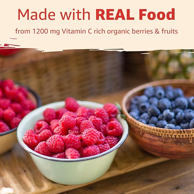 Organic Vitamin C Gummies 120mg for Adults, Sugar Free, Daily Immune Defense, Raw Antioxidant, 100% Whole Food Chewable Vitamin C Supplement from 1200mg Berries & Fruits for Collagen, Vegan, 60 Counts