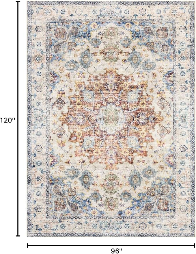 Area Rug 8×10, Large Vintage Boho Rug,Ultra-Soft Low Pile, Washable, Non Slip,Stain Resistant, Printed Carpet for Living Room Bedrooms Playroom Office Kitchen, Blue/Red