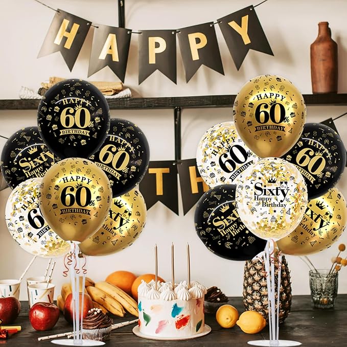 TONIFUL 4 Set Black Gold Balloon Stand Kit for Birthday Decorations for 60th,Balloon Centerpieces for Table Party Decorations Cheers to 60 Years Old Birthday for Men and Women