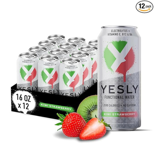 Yesly Functional Water, Kiwi Strawberry, Naturally Flavored Still Water with Electrolytes, Magnesium, Potassium, Vitamin C, B6 & B12, Zero Sugar, No Artificial Sweeteners, 16 Fl Oz Cans, 12 Pack
