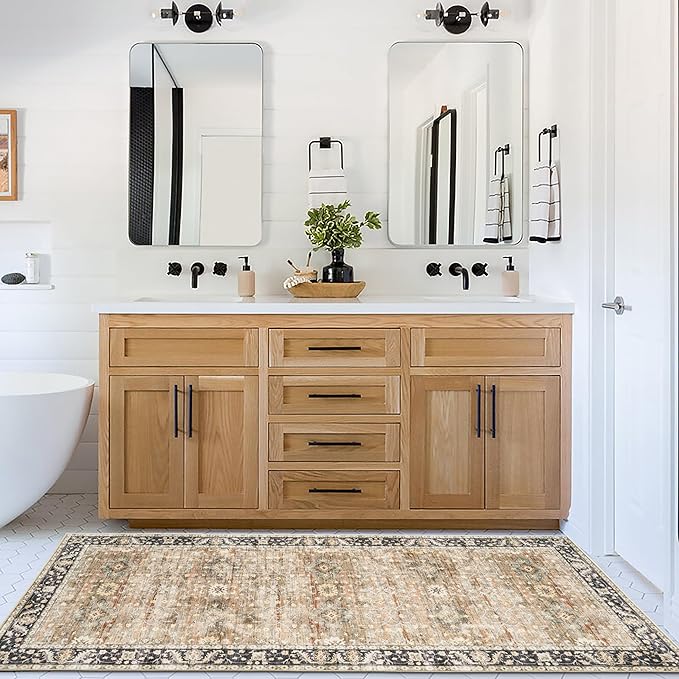 ReaLife Rugs Machine Washable Area Rug Runner - Living Room Bedroom Bathroom Kitchen Entryway - Padded Low Pile Stain Resistant Premium - Boho Farmhouse Vintage - BEV - Beige Tan Brown 2'6" x 8'