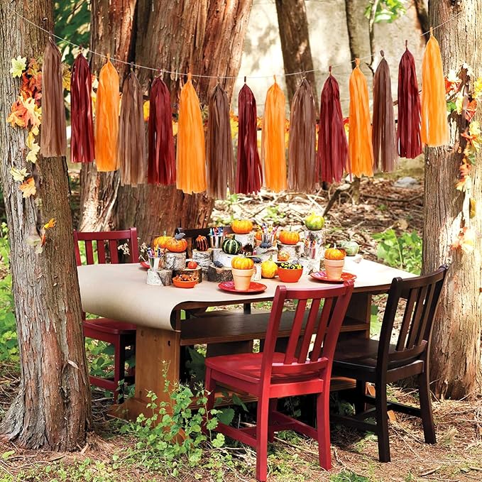 Brown Burgundy Orange Party-Decorations - 23pcs Fall Autumn Thanksgiving Harvest Paper Tissue Pom Poms Streamers,Rustic Boho Wedding Tassel Garland Banner,Birthday Baby Shower Decor Lasting Surprise