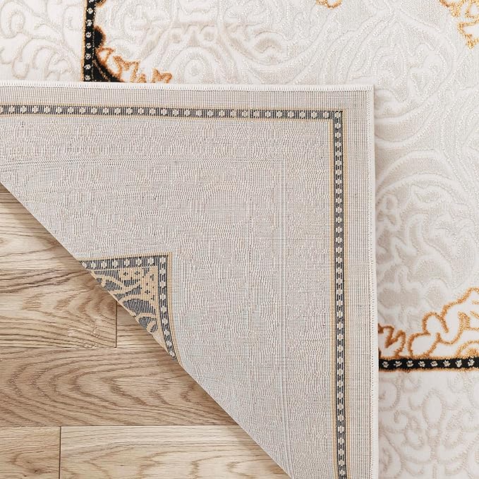 Antep Rugs Babil Gold 8x10 Oriental Bordered High Low Textured Traditional Indoor Area Rug, Beige Black, 7'10" x 10'