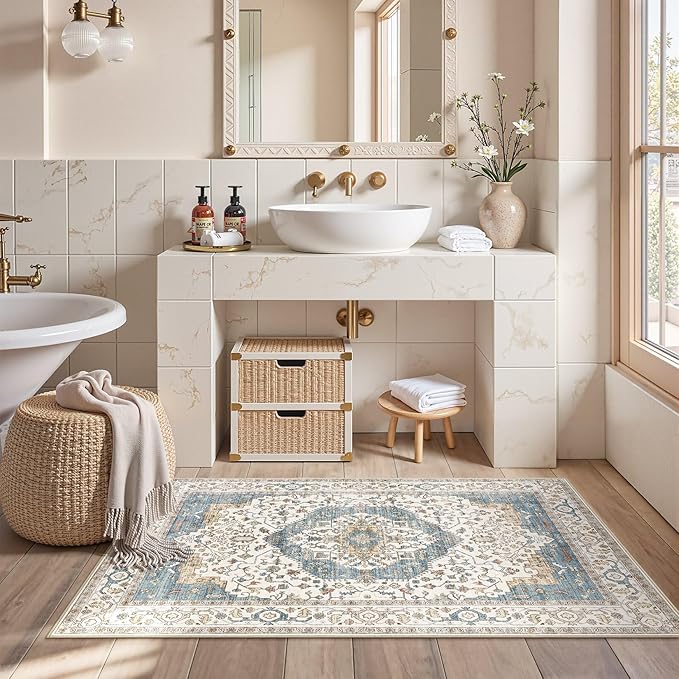 3x5 Washable Entryway Rug: Non-Slip Soft Vintage Floral Indoor Area Rug for Living Room Large Kitchen Entryway Bedroom Bedside, Door Mat Throw Carpet for Laundry Foyer Home Decor (Blue)