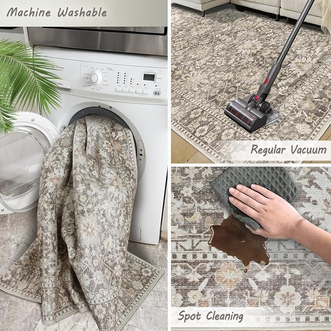 7X9 Area Rugs Machine Washable Rugs for Living Room Bedroom Hallway, Non Slip Indoor Soft Accent Distressed Boho Vintage Print Lightweight Thin Low Pile Carpet (Coffee, 7x9)