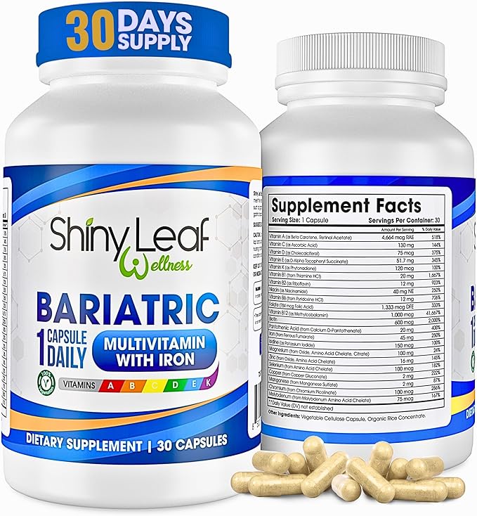Shiny Leaf Bariatric Multivitamin with Iron - 45 mg for Gastric Bypass, Sleeve Gastrectomy, Roux-en-Y, Duodenal Switch - 22 Vitamins & Minerals, ASMBS Compliant, Vegetarian, Made in USA, GMP, 30 Ct.