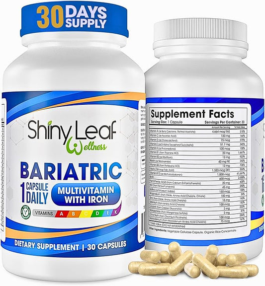 Shiny Leaf Bariatric Multivitamin with Iron - 45 mg for Gastric Bypass, Sleeve Gastrectomy, Roux-en-Y, Duodenal Switch - 22 Vitamins & Minerals, ASMBS Compliant, Vegetarian, Made in USA, GMP, 30 Ct.